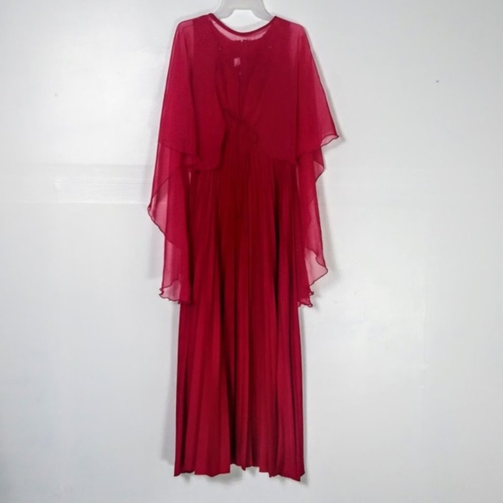 Vintage Womens Maxi Dress 14 Chiffon Pleated Long Red Beaded Capelet